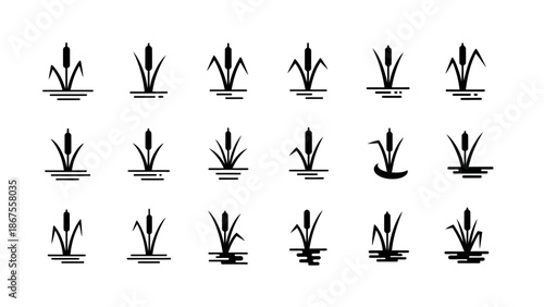 A diverse collection of minimalist black vector icons depicting aquatic reeds and cattails emerging from water, perfect for nature-themed graphic design and wetland illustrations