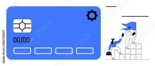 Mobile banking, teamwork, payment systems, digital transactions, financial growth, collaboration. A credit card and a group climbing stairs with teamwork. Mobile banking and teamwork concept