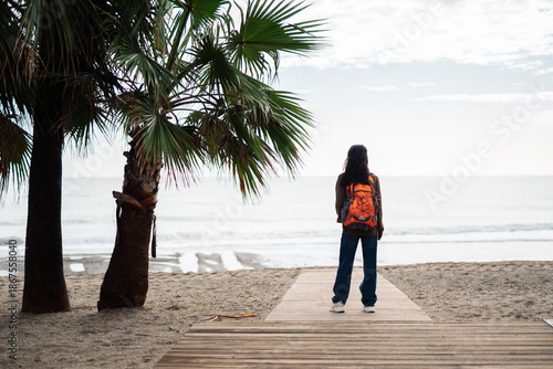 Lonely traveler with backpack standing on wooden path near the sea, person facing ocean horizon between palm trees, outdoor travel and contemplation concept.