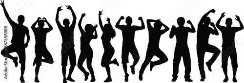 Jumping people silhouettes showing energetic celebration, fitness, joy, teamwork, success, motivation, active lifestyle concept isolated white background