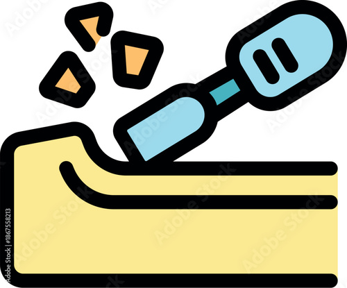 Blue cat litter scoop pouring clumping litter into a clean and yellow litter box