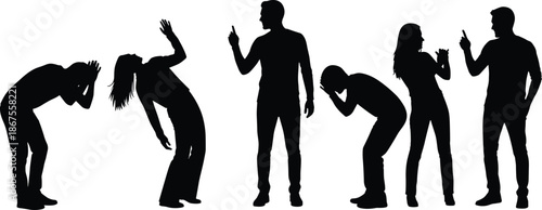 People silhouettes expressing stress, argument, disagreement, emotional conflict, negative communication, body language, social tension, psychological struggle concept isolated white background