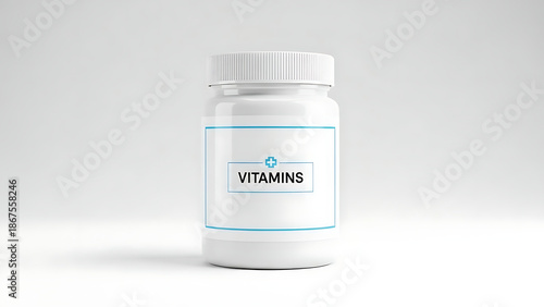 Wallpaper Mural A white plastic bottle with a ribbed white cap contains vitamins and is labeled with a blue border and a cross symbol indicating health and wellness Torontodigital.ca