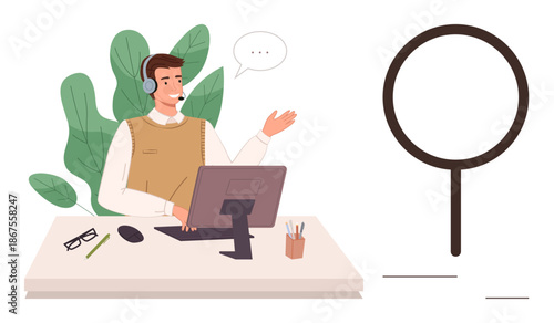 Customer support, communication, remote work, service assistance, online help, call center. A man at a desk with a headset beside a magnifying glass icon. Customer support and communication ion
