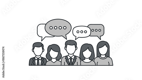Stylized illustration depicts a diverse group of five business professionals standing together beneath various overlapping speech bubbles representing active communication and collaborative dialogue 