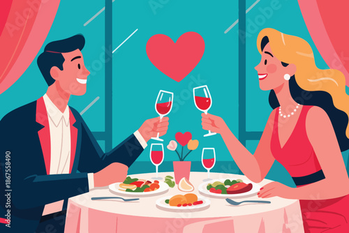 Couple toasting red wine at romantic dinner table with heart decor in elegant Valentine restaurant setting.