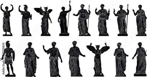 Set of fifteen black silhouettes featuring ancient Greek and Roman statues of gods and goddesses for classical history and mythology designs. (20 words)