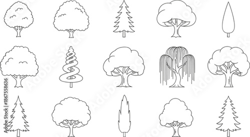 Set of fifteen black outline tree icons featuring various species like pine and willow for nature landscape and environmental design. (20 words)