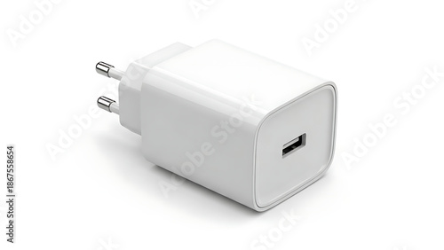 Wallpaper Mural Compact White USB Wall Charger Adapter with Foldable European Style Plugs and a Single USB Port for Charging Electronic Devices Isolated on a Clean White Background with Soft Shadows Indicating Torontodigital.ca