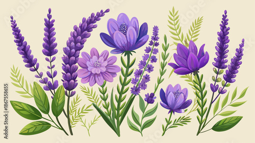 Very beautiful set of lavender flowers arranged as isolated botanical elements, designed for versatile decorative use in floral patterns, branding, stationery, and elegant natural-themed artwork.