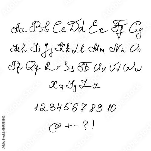 Handwriting English alphabet, script font.