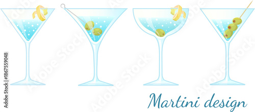 Different martini designs. Vector illustration. Cocktails with olives and lemons, full of bubbles