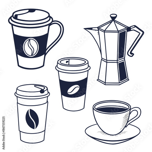 Collection of coffee cups and moka pot