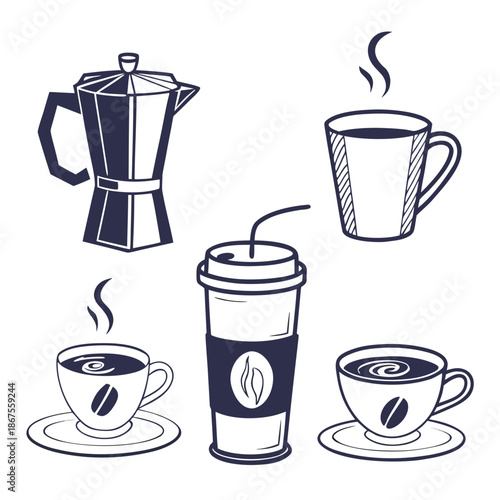 Various coffee cups and moka pot