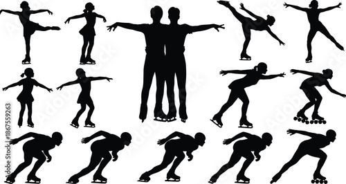 Set of thirteen black silhouettes featuring ice skaters and speed skaters in various dynamic poses for winter sports graphic design. (20 words)