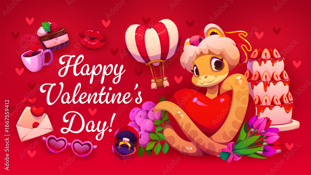 Naklejka premium Happy Valentine's day greeting card, love holiday banner. Romantic celebration vector poster, love day banner. Saint Valentine holiday greeting card with snake character, strawberry cake and flowers