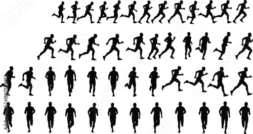 Running man silhouette set, male runner motion sequence, athletic sprint poses, black human figures, fitness, speed, action illustration