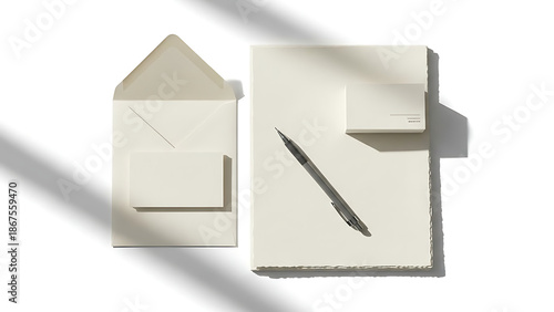 Wallpaper Mural Minimalist Stationery Flat Lay Featuring an Open Envelope with a Business Card, a Stack of Cream Paper, and a Silver Pencil Torontodigital.ca