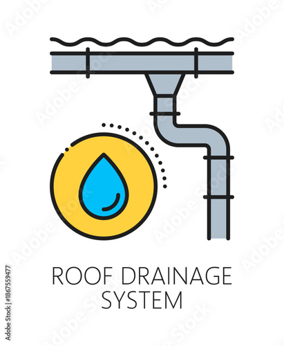 Home roof drainage system installation line icon or sign. Cottage roof waterproofing repair service outline icon, home exterior renovation vector pictogram. Property drainage system maintenance symbol
