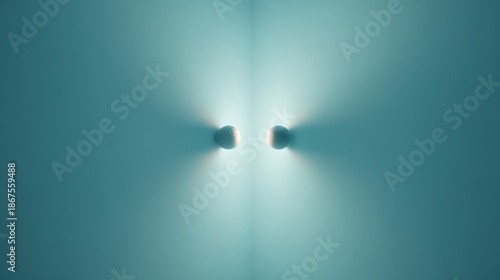 Mysterious Lights in the Blue Depths: An abstract composition, two glowing orbs emerge from a serene teal background, casting enigmatic shadows, creating a sense of wonder and intrigue.
