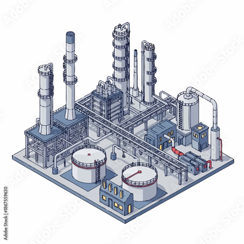 Industrial Oil Refinery Complex with Distillation Towers and Tanks.