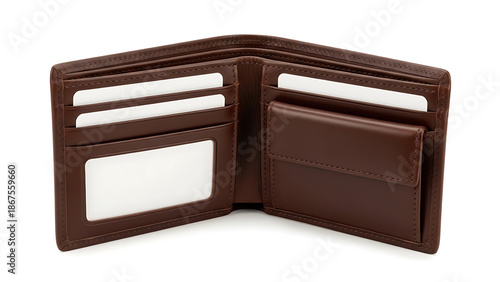 Wallpaper Mural Open Brown Leather Bifold Wallet with Multiple Card Slots and Coin Pouch Filled with White Cards on a White Background Torontodigital.ca