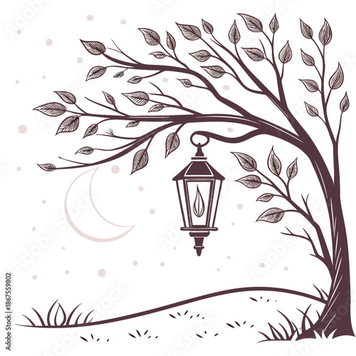 Whimsical tree with hanging lantern