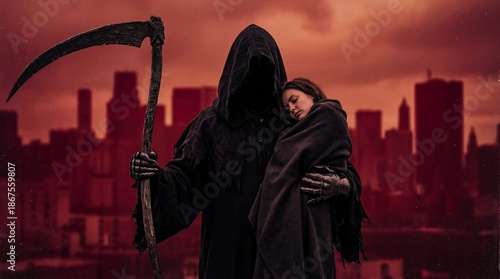 Grim reaper holding a woman in a post-apocalyptic cityscape. Concept of death, despair, and the end of times. For Halloween or fantasy theme design.