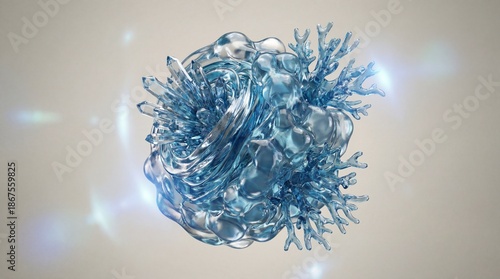 Abstract blue crystal and liquid coral form a dynamic, refractive 3D render. Digital art and motion graphics element for modern design.