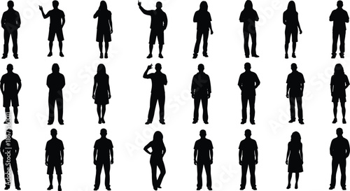 Standing, people, silhouette, collection, men, women, human, poses, gestures, body, language, casual, posture, figures, black, isolated, 