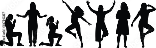 Dancing people silhouette collection showing expressive poses, joy, freedom, celebration, movement, modern lifestyle, performance art concept isolated white background