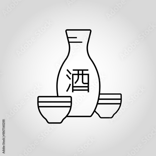 Sake, a traditional Japanese alcohol beverage. A minimalistic flat outline icon of rice wine. A flat bottle with the "sake" hieroglyph and two cups on white background