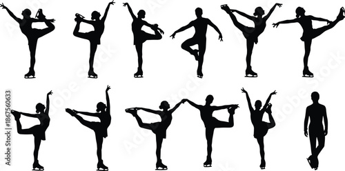 Figure, skating, silhouette, collection, ice, skater, ballet, poses, dance, grace, flexibility, sport, motion, balance, elegance, black, figures, isolated, white, background