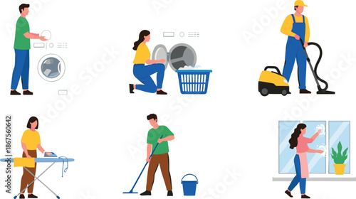 House cleaning services vector illustration set showing people washing laundry vacuuming ironing and home maintenance activities