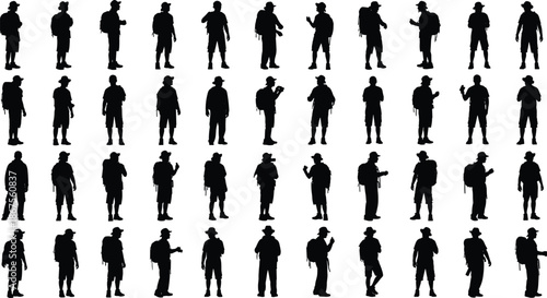 Hiking, people, silhouette, collection, men, backpack, traveler, walking, standing, poses, outdoor, adventure, trekking, lifestyle, human, black, figures, isolated, white, background