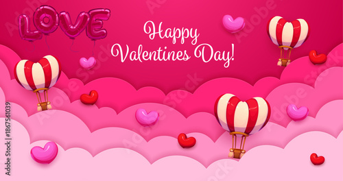 Valentine's day paper cut greeting card with clouds and air balloon. Saint Valentine celebration paper cut vector greeting card, love holiday flyer. Romantic poster with heart air balloons in clouds