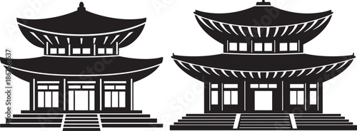 Traditional Korean palace or temple silhouettes, Asian architectural heritage icons isolated on white background.