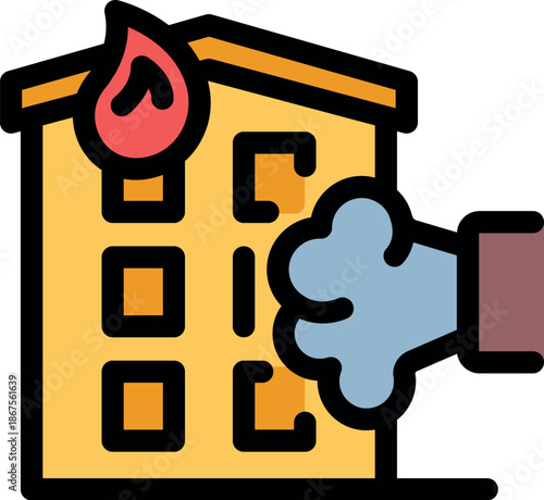 Firefighter using extinguisher to put out fire in burning building, fire safety and emergency response concept