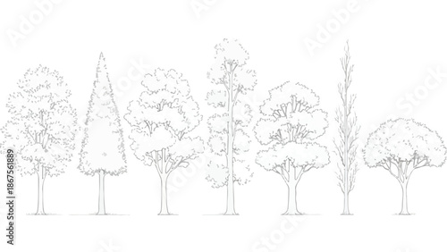 Set of 7 Outline Tree Line Art Illustrations on White Background