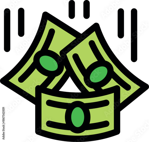 Green banknotes falling from above, symbolizing financial abundance, wealth, and prosperity