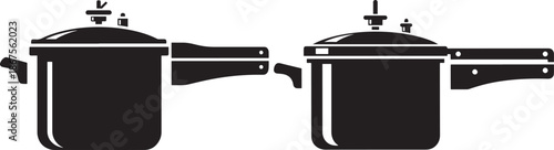 Pressure cooker icons, kitchen appliance silhouettes for fast cooking isolated on white background.