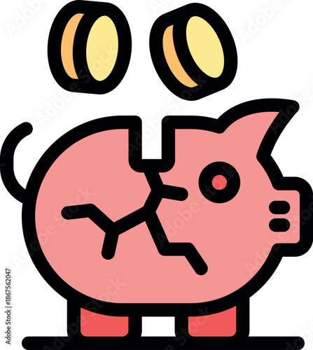 Cracked piggy bank with falling coins representing economic hardship, financial instability, and loss of savings