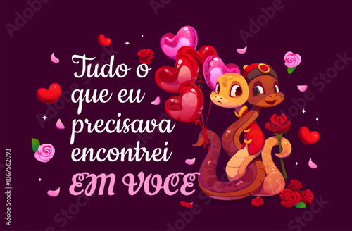 Valentine day Spanish quote tudo o que eu precisava encontrei em voce. Vector romantic Portuguese phrase, translated as All I needed, I found in you, featuring two adorable intertwined cartoon snakes