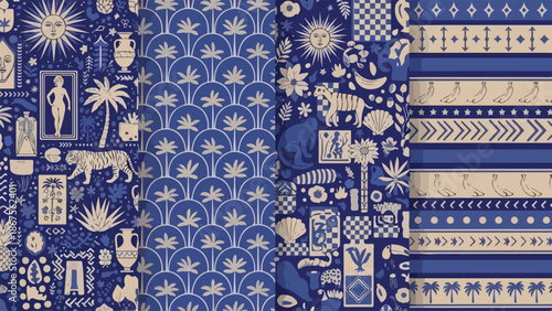 Set of Four Indigo Blue and Beige Decorative Pattern Designs
