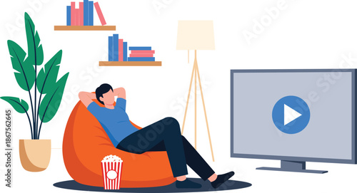 Man relaxing at home vector illustration watching television on bean bag with popcorn cozy living room scene