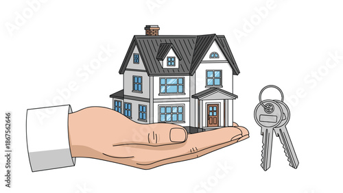 Hand holding house model with keys illustration