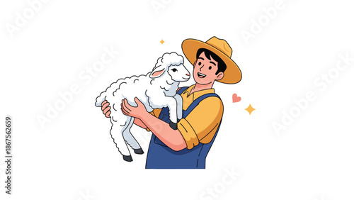 Farmer holding a young lamb in flat vector illustration style