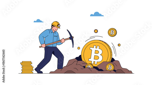 Man with pickaxe mining bitcoin cryptocurrency coins vector