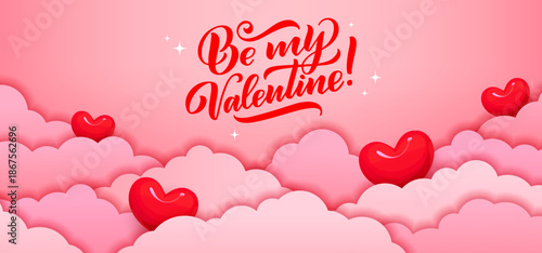 Valentine's day paper cut cloud with love hearts. Love holiday paper cut vector poster, romantic day banner. Saint Valentine celebration flyer with love hearts in clouds and handwritten typography