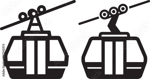 Cable car gondola silhouettes, mountain transport and ski lift icons isolated on white background.